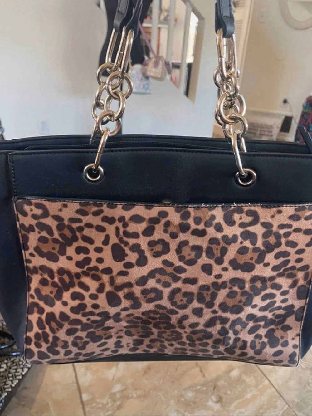 Black Tote Bag with Leopard Print Accent